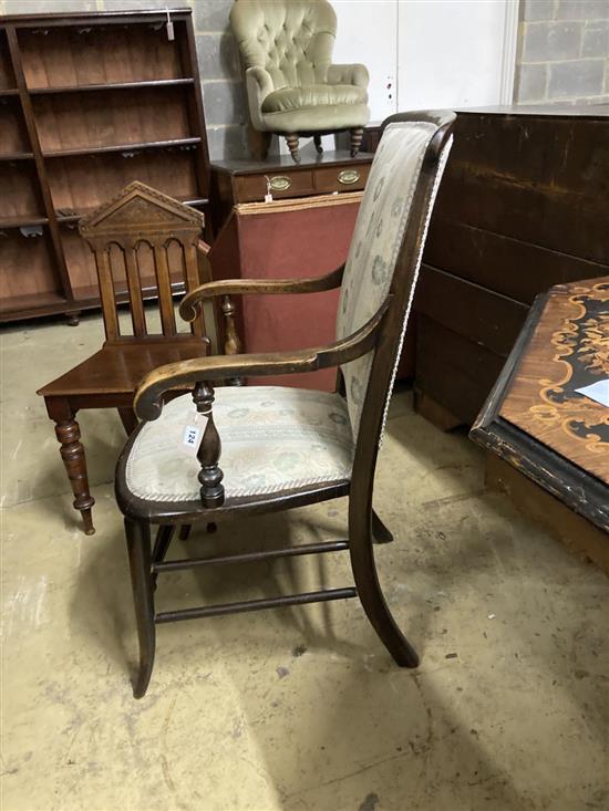 A late Victorian mahogany framed armchair, with floral striped upholstered seat and back and a Victorian mahogany hall chair (2) 2